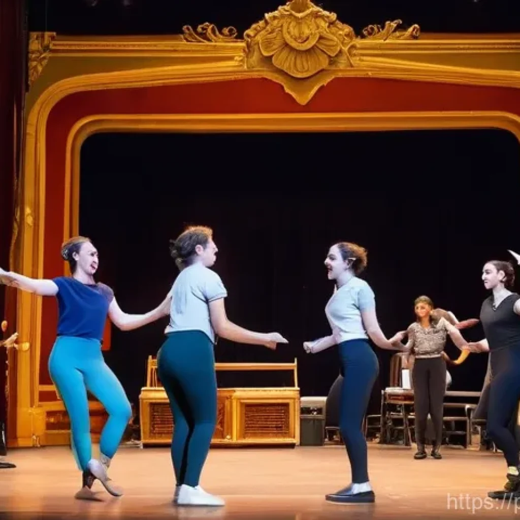 뮤지컬 연출과 제작 - **Prompt:** A dynamic, wide shot capturing a lively musical rehearsal in a grand, ornate Portuguese ...