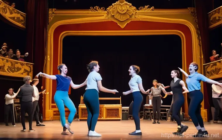 뮤지컬 연출과 제작 - **Prompt:** A dynamic, wide shot capturing a lively musical rehearsal in a grand, ornate Portuguese ...