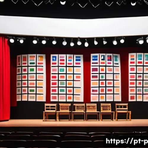 Home 32 브레히트 연극 기법 - A modern theater stage set for a Brecht-inspired play in Brazil, featuring minimalist scenery with l...