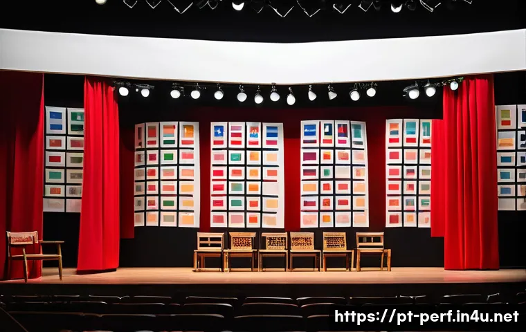 브레히트 연극 기법 - A modern theater stage set for a Brecht-inspired play in Brazil, featuring minimalist scenery with l...