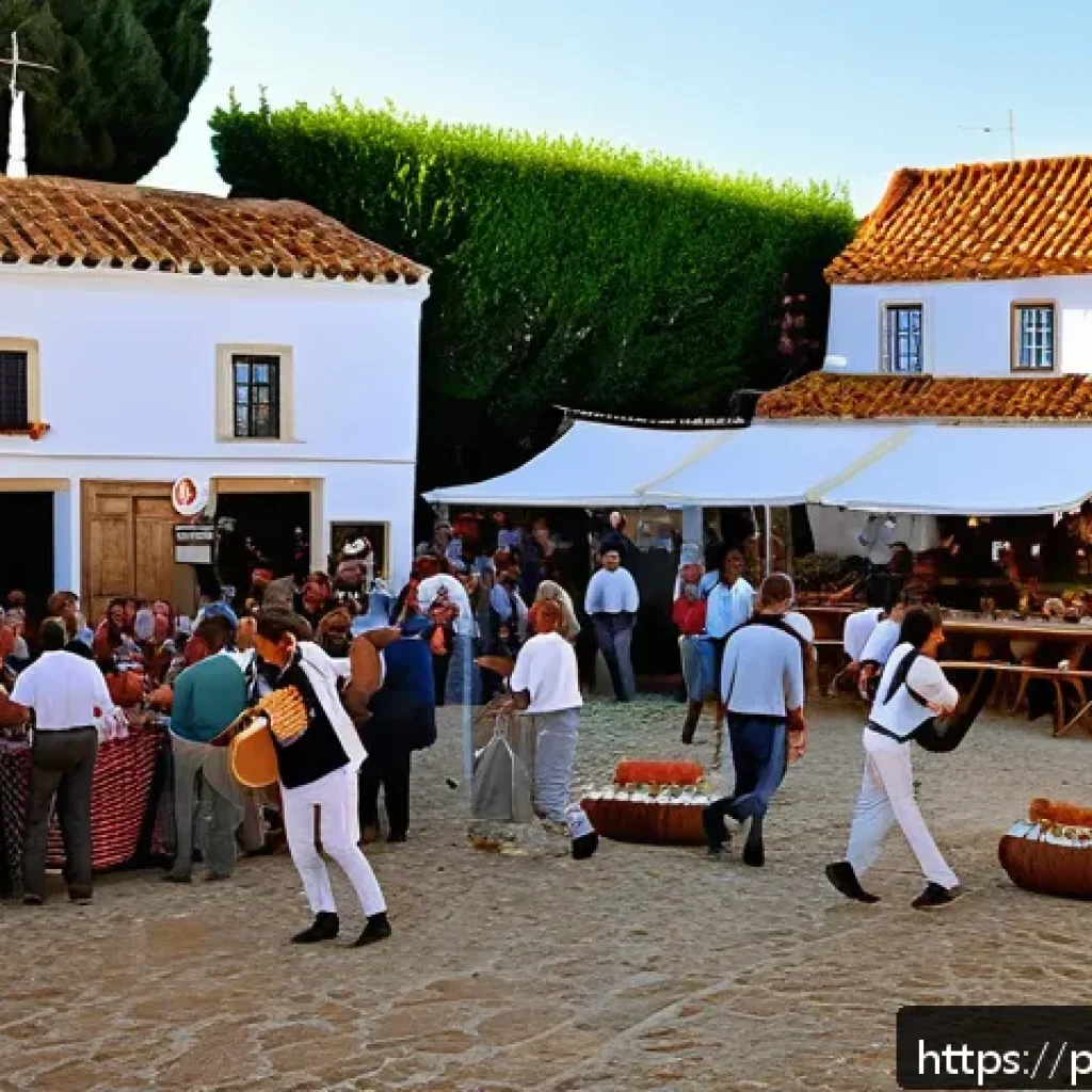 공연예술과 지역 활성화 - A lively small Portuguese village square in Alentejo during a cultural festival, with a diverse grou...