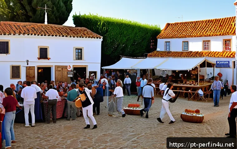 공연예술과 지역 활성화 - A lively small Portuguese village square in Alentejo during a cultural festival, with a diverse grou...