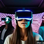 Home 18 공연예술과 VR 기술 - A futuristic virtual reality theater scene showing a diverse group of adult spectators wearing VR he...