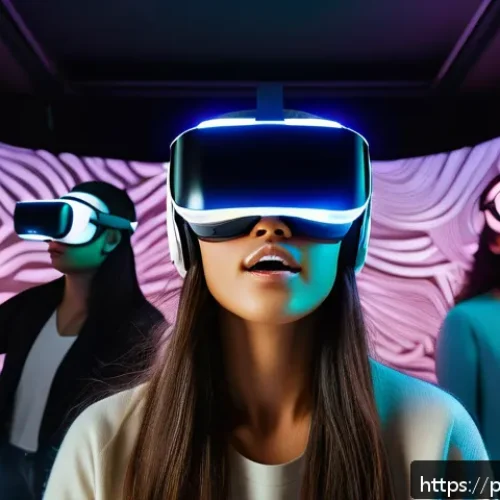 Home 30 공연예술과 VR 기술 - A futuristic virtual reality theater scene showing a diverse group of adult spectators wearing VR he...
