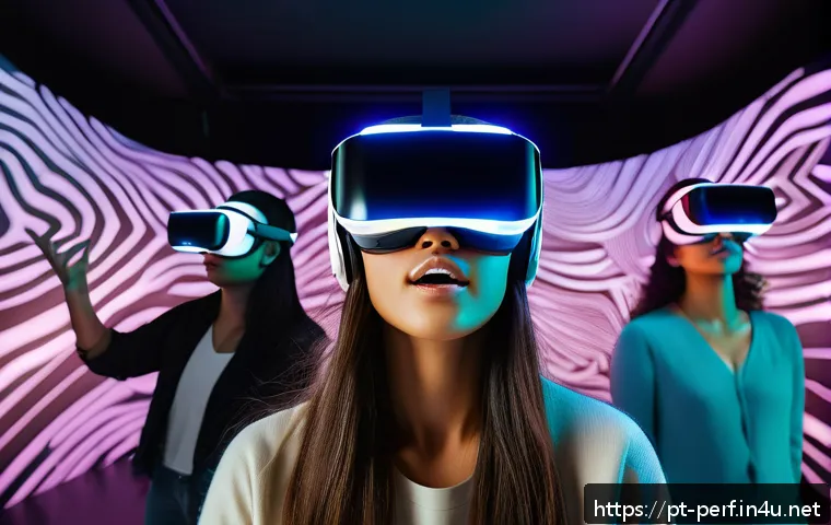 공연예술과 VR 기술 - A futuristic virtual reality theater scene showing a diverse group of adult spectators wearing VR he...