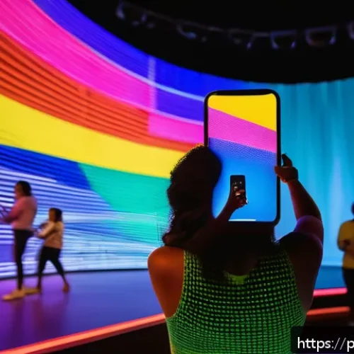 Home 17 공연예술과 브랜드 협업 - A vibrant theater scene in São Paulo featuring a diverse audience interacting with an augmented real...